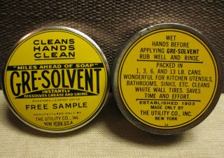 2 Vintage Sample Advertising Tins - Gre - Solvent Utility Hand Cleaner Soap