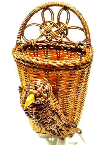 Vintage 3d Bird Wicker Wall Basket Pocket 10 1/2 " Retro Boho Country Farmhouse