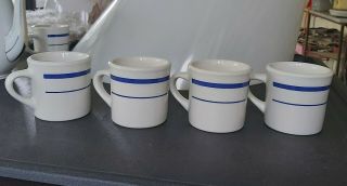 4 Vintage Buffalo China Coffee Mugs With Blue Stripes - Retro Restaurant 0611r