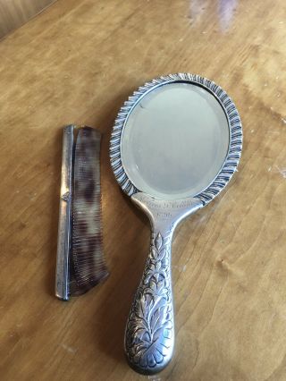 Sterling Silver Hand Mirror Beveled 1890 Marked Mono With Silver Comb Art Nouv