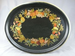 Antique Large Oval Toleware Serving Tray Hand Painted Fruits & Flowers 22 " W