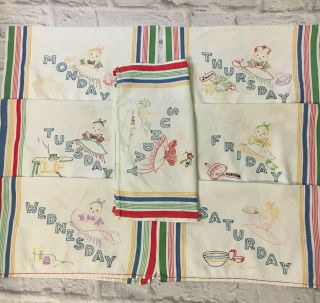 Vintage Tea Towel Linen Days Of Week Chores 15 " X 19” Set Of Seven