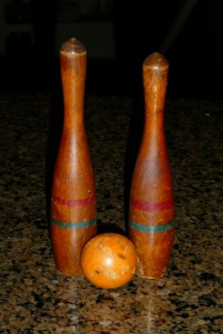 2 Vintage Wooden Bowling Pins With Ball Skittles Pins