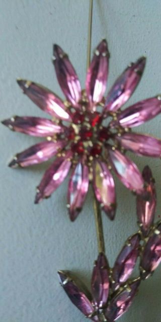 Vintage Pink & Red Rhinestone Flower Brooch Or Pin.  2 1/2 " Unsigned.  Good Cond