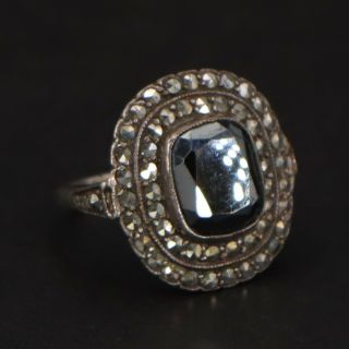 Vtg 800 Silver - Art Deco Hematite & Marcasite Ring Size 5 - 5g