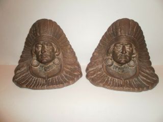Antique Cast Bronze/brass Bookends Full Head Dress Indian Chief 1920s / Pair