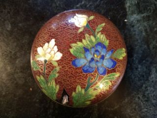 Vintage Cloisonne Round Hinged Trinket Box - Floral,  Flowers - Red - Charity