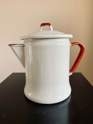 Vintage Red & White Enamelware Coffee Pot With Lid