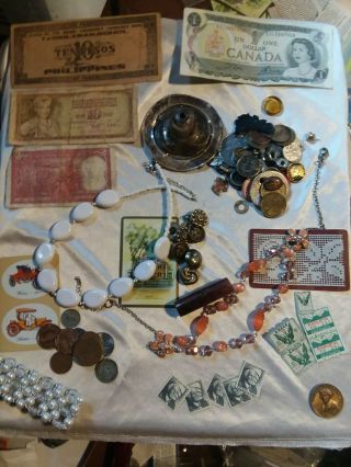 Vintage Junk Drawer: Hodgepodge Of Foreign Currency,  Jewelry,  Buttons, .