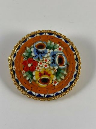 Vintage Italian Micro Mosaic Brooch Pin Floral Made In Italy