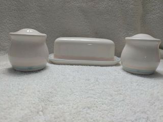 Vintage Pfaltzgraff Aura Pink Covered Butter Dish Salt And Pepper Shakers