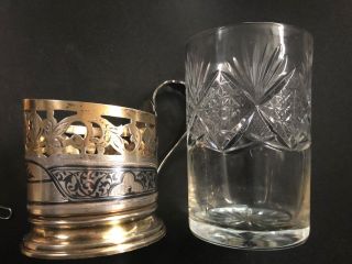 Vintage Russian Sterling Silver Niello Tea Glass Holder With Glass