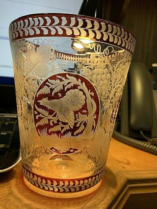 Antique Bohemian Red Cut To Clear,  Etched Crystal Vase 6.  5 X 6 "