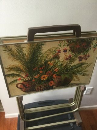 Vintage Mid Century Nel Caty Plant Paintings Tv Trays Set X3 Stand Lucite Wheels