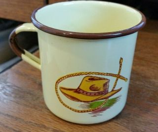 Vintage Monterrey Western Ware Enamel Tin Coffee Cup - Hat/Rope 3