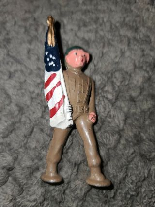 Vintage Ww2 Soldier With Flag Hollow Cast Lead Figure 3 " United States Flag