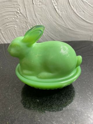 Vintage Green Jadeite Glass Rabbit Nesting On Basket Candy Dish Trinket