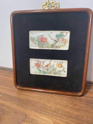 Antique Vintage Chinese Porcelain Plaques Birds Wood