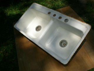 Vintage Double Basin Kitchen Sink Cast Iron Porcelain