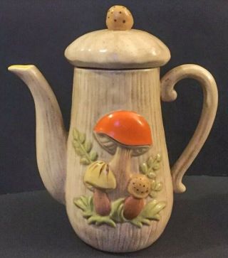 Vtg Handmade Mushroom Pitcher Decorative Teapot Orange Brown Beige Green 70s