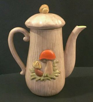 Vtg Handmade Mushroom Pitcher Decorative Teapot Orange Brown Beige Green 70s 3