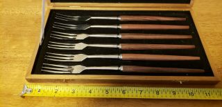 Vintage Set Of 6 Japan Stainless Steel And Wood Appetizer Forks In Wood Storage