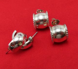 2 Pair Vintage Sterling Silver Pierced Earrings Hoops Crystal Modernist 693m