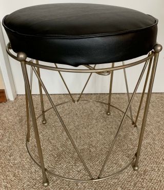 Vintage 50s 60s Black Brass Metal Atomic Stool Chair Ottoman Mid Century Modern
