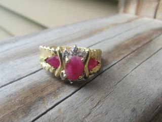 Vintage Yellow Gold 10kp Ruby Ring With Diamonds - Size 9