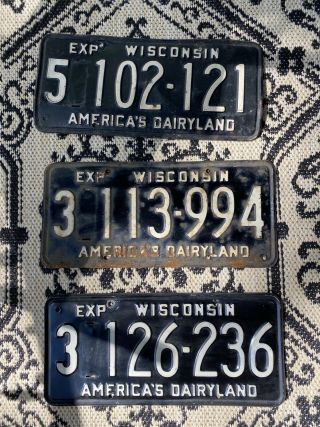 3 Vintage Black Wisconsin License Plates No Dates
