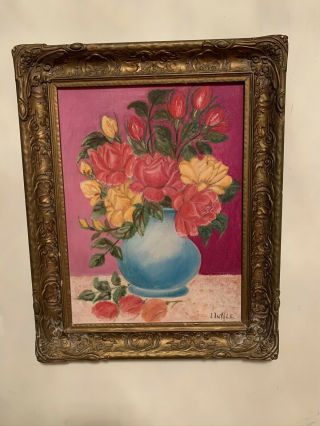 Antique Bright Framed Oil Painting Roses Still Life Flowers Canvas