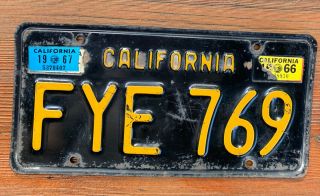 Vintage 1963 California Black License Plate 1966 - 1967 Validation Sticker Fye 769