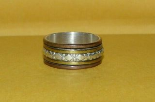 Vtg 925 Sterling Silver W/ Copper & Brass Mixed Metals Spinner Band Ring Size 8