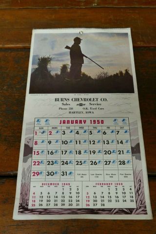Vintage 1950 Burns Chevrolet Co.  Calendar Hartley,  Iowa Hunting Scenes Complete