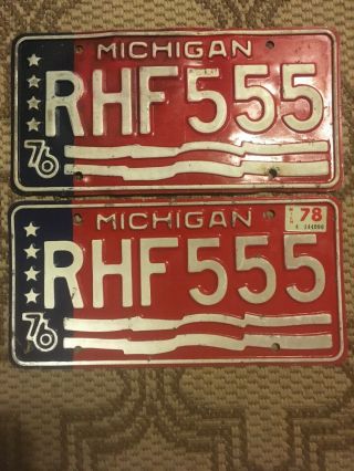 Rhf555 1976 Michigan License Plate Set Of 2 Bi - Centennial Lucky Fives 76 77 78