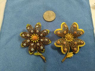 2 Vtg Jewelry Signed Art Enameled Flower And Metal Brooch Pin