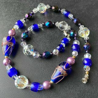 Vintage Italian Venetian Glass Sapphire Blue Ab Crystal Bead Necklace 138