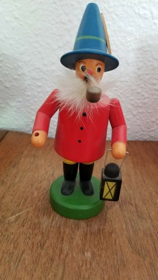 Old Vintage German Wood Smoker Man W/ Pipe & Lantern Figurine Incense Burner