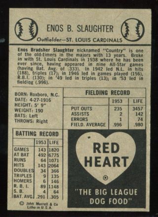 1954 Red Heart Dog Food Enos Slaughter SIGNED Auto St.  Louis Cardinals 2