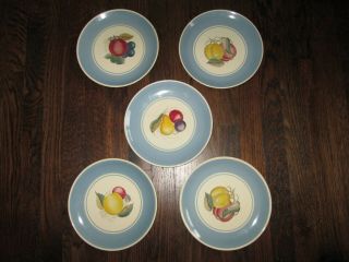 Vintage Susie Cooper Crown Set Of 5 Dessert - Salad Plates.  Blue Rim/fruit