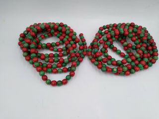 2 Strands Vtg Style Primitive Wooden Red Green Beaded Xmas Tree Garland 9ft Each