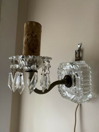 Vintage Clear Glass Wall Lamp Sconce With 10 Crystals,  Electric Plug In Socket