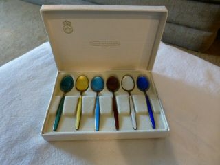 Boxed Set Of Six " David - Andersen " Sterling Silver With Enamel Demi - Tasse Spoons -