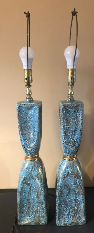 2 Vintage Mid - Century Modern Turquoise Blue Gold Table Lamps Atomic