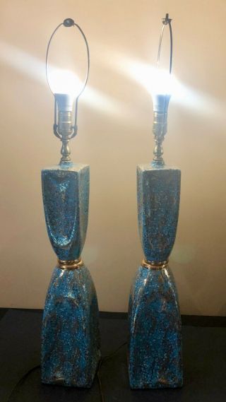 2 Vintage Mid - Century Modern Turquoise Blue Gold Table Lamps Atomic 2