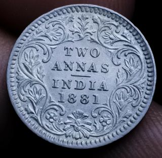 Antique Silver Coin British India Queen Victoria Two Annas 1881 Key Date