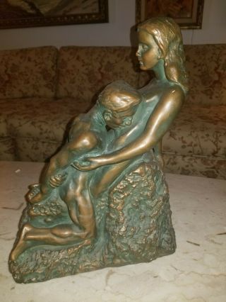 Large Vintage Marwal Ind.  Erotica Man And Woman Nude Lovers Bronze Over Ceramic