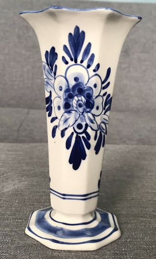 Vintage Blue Delft Holland Floral 6 " Bud Vase Hand - Painted Marked Lovely