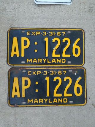 Vintage 1967 Maryland License Plate Pair.  Ap:1226
