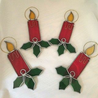 4 Vintage Stained Slag Glass Christmas Candles & Holly Red Green Sun Catcher